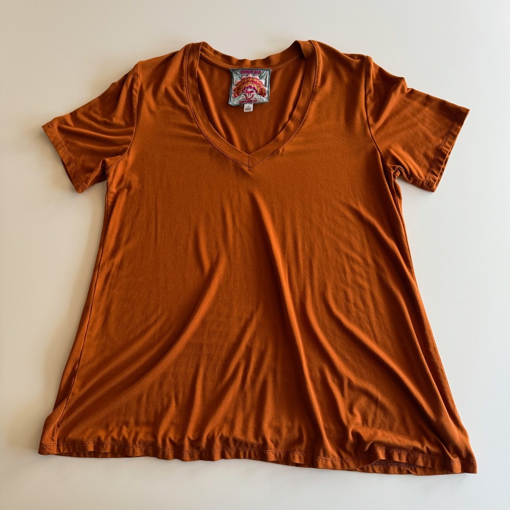 Johnny Was Bamboo Viscose A Line V Neck Rust Orange Short Sleeve T Shirt S